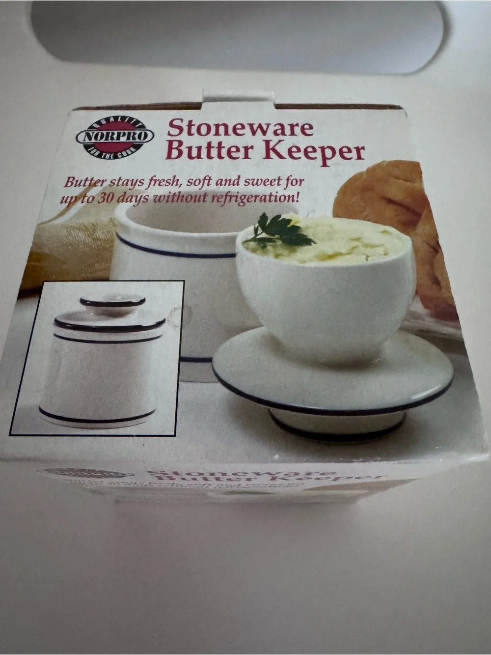 NIB Norpro Stoneware Butter Keeper French Butter Crock White Blue Cottagecore
